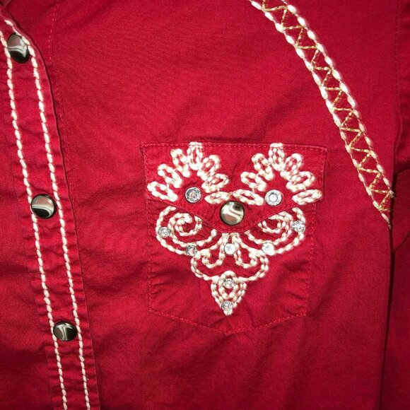 Roar Signature Embellished Y2K Red Button Up Shirt Size XS Heart Pockets - Picture 5 of 11